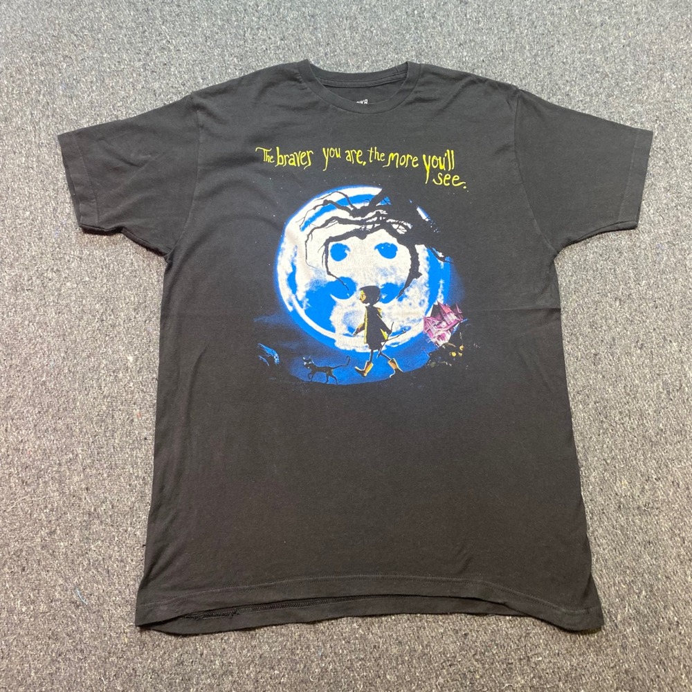 Laika Coraline TShirt Sz L Mens Black Movie Graphic Button Moon Dark Aesthetic